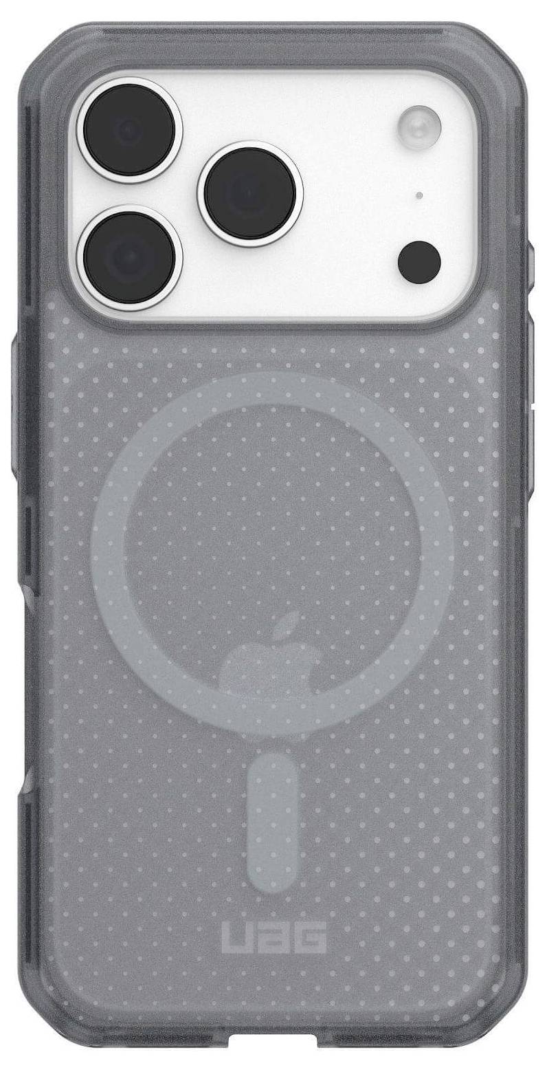 Przezroczyste etui na telefon z trzema wycięciami na obiektywy aparatu i widocznym designem złącza, oznaczone napisem 'UAG' u dołu.