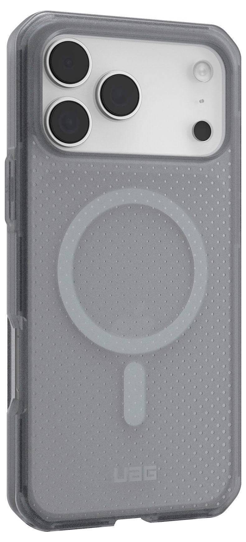 Etui na telefon z teksturowaną powierzchnią, trzema wycięciami na aparaty oraz okrągłym wskaźnikiem ładowania MagSafe z tyłu.