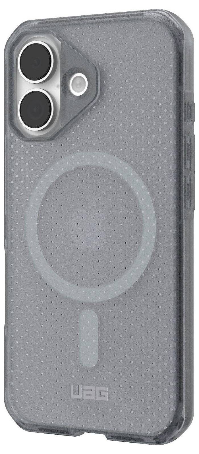 Przezroczysty futerał na telefon z czarną strefą aparatu i wzorem kołowym, z dwoma wycięciami na obiektywy oraz logo UAG u dołu.