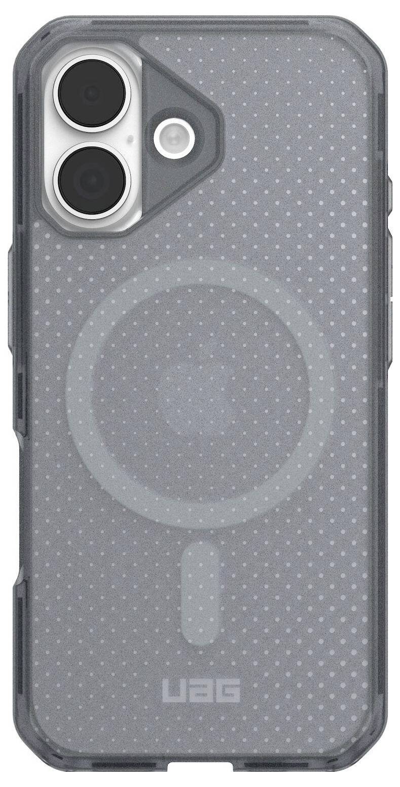 Przezroczysty szary futerał na telefon z dwoma wycięciami na obiektywy, okrągłym wzorem oznaczającym kompatybilność z MagSafe oraz logo 'UAG' na dole.