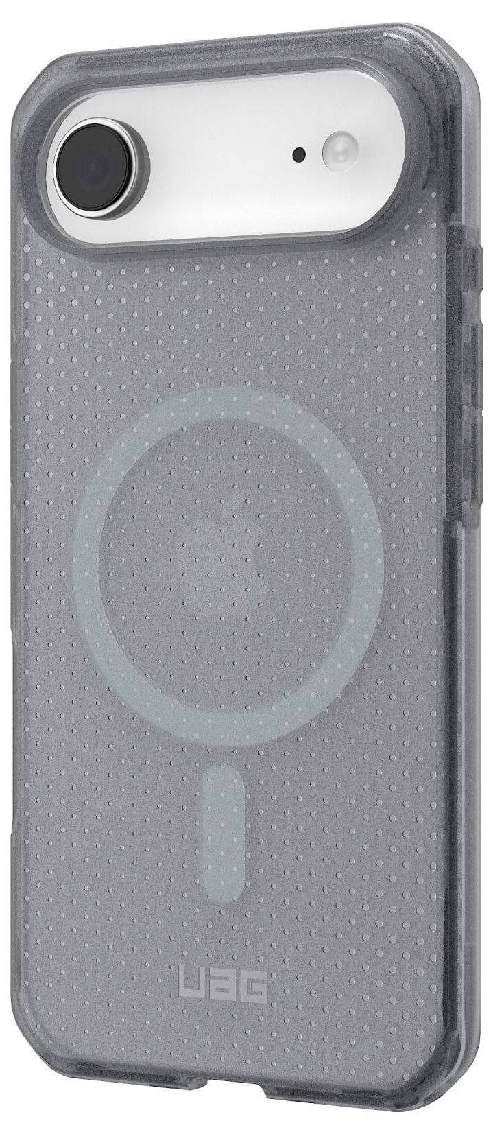 Szary futerał na telefon UAG z kompatybilnością MagSafe, wyposażony w fakturę w kropki i wyraźne logo na tylnej stronie.