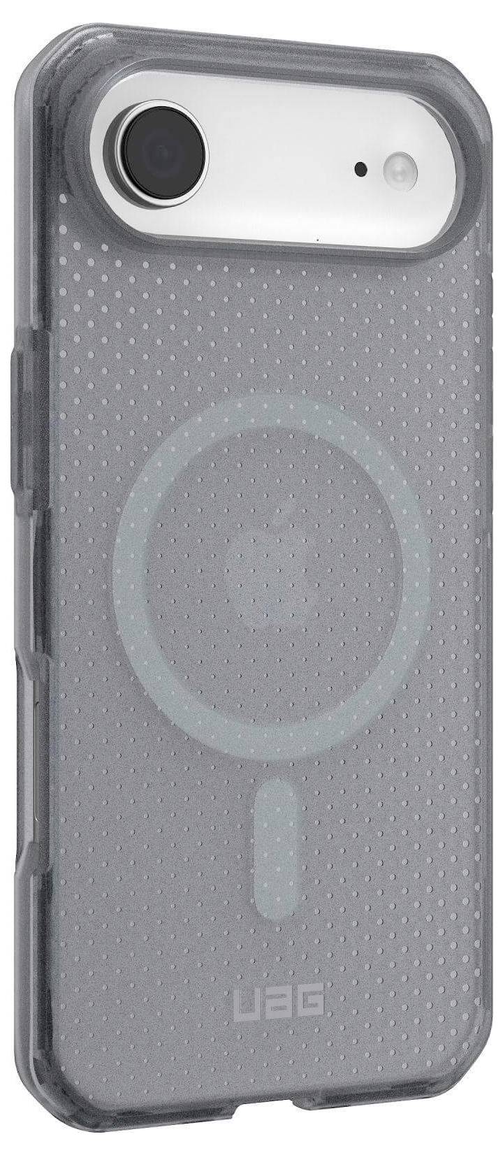 Szary futerał na telefon z fakturą w kropki i okrągłym wzorem na tylnej części, oznaczony logo 'UAG'.