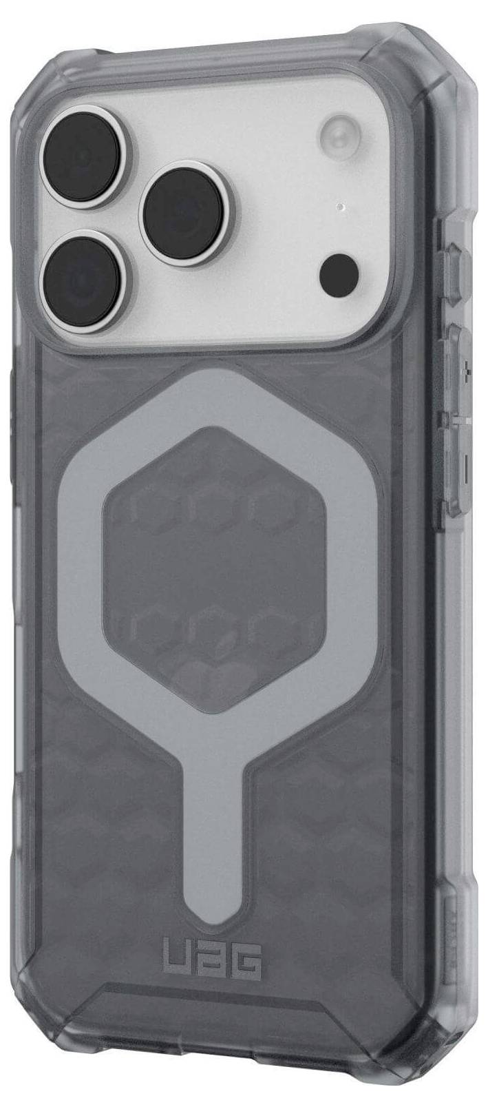 Elegancka, szara obudowa na telefon z przezroczystym tyłem i wzorem sześciokątnym, zaprojektowana dla smartfona z zaawansowanym układem aparatu.