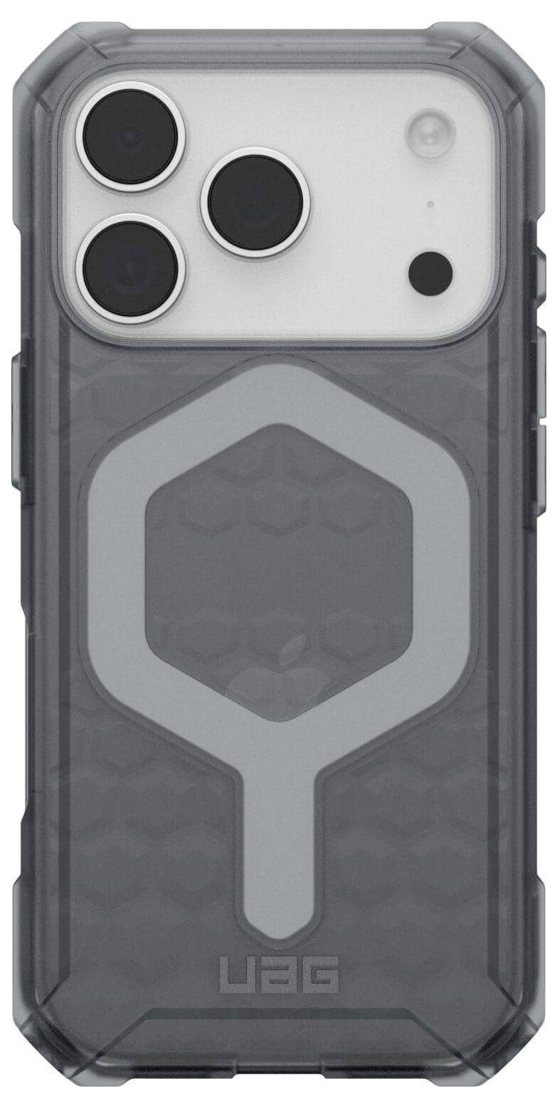 Wytrzymały futerał na smartfon z heksagonalnym wzorem i wzmocnionymi krawędziami, prezentujący swój ochronny design z logo umieszczonym na dole.