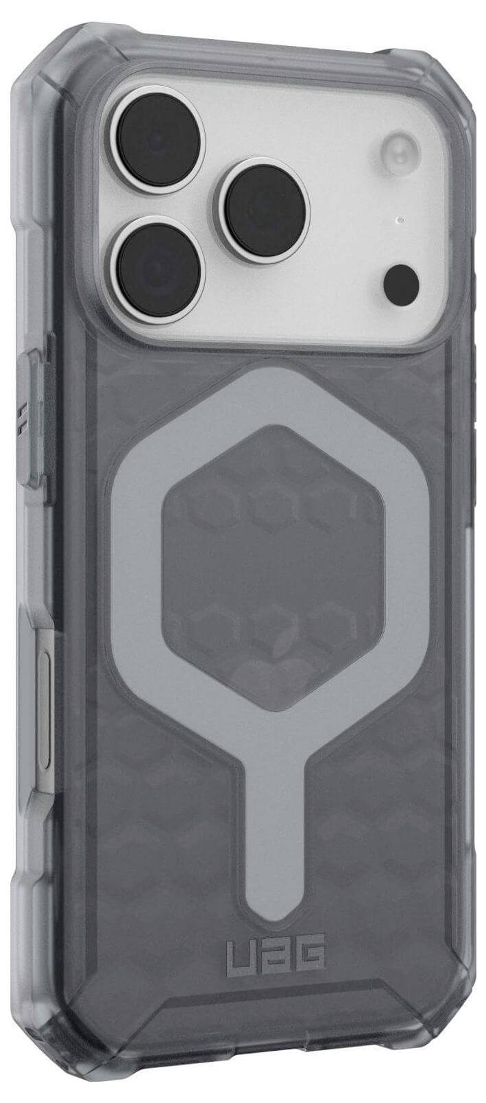 Smartfon w wytrzymałym, przezroczystym etui, eksponujący duży moduł kamery z trzema obiektywami.