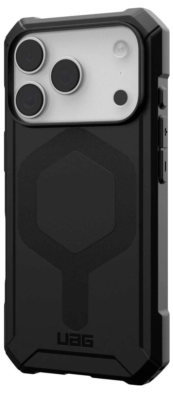 Wytrzymały czarny pokrowiec na smartfona z podniesionymi krawędziami, precyzyjnymi wycięciami i teksturowaną powierzchnią, zaprojektowany z myślą o zwiększonej trwałości i ochronie.