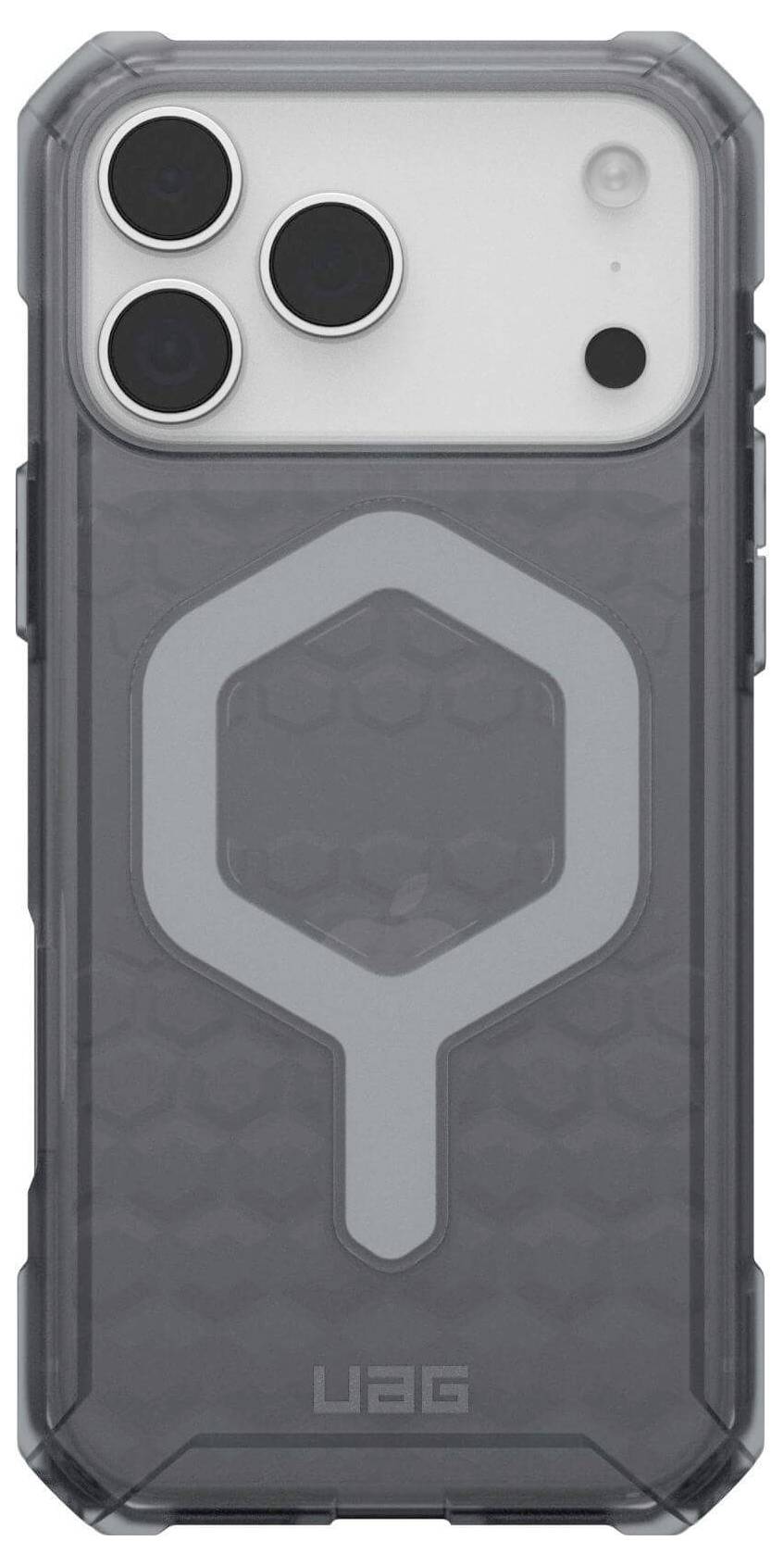 Smartfon w wytrzymałym, półprzezroczystym etui UAG z wzmocnionymi narożnikami i geometrycznym wzorem na tylnej części obudowy.