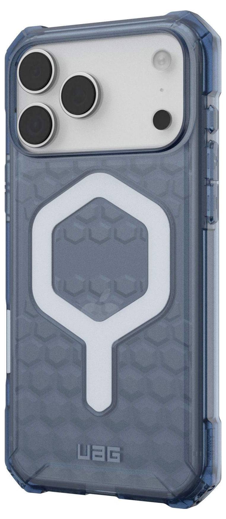 Nowoczesny smartfon z niebieską, wytrzymałą obudową, wyposażony w trzy obiektywy tylnego aparatu i geometryczny wzór zwiększający przyczepność.