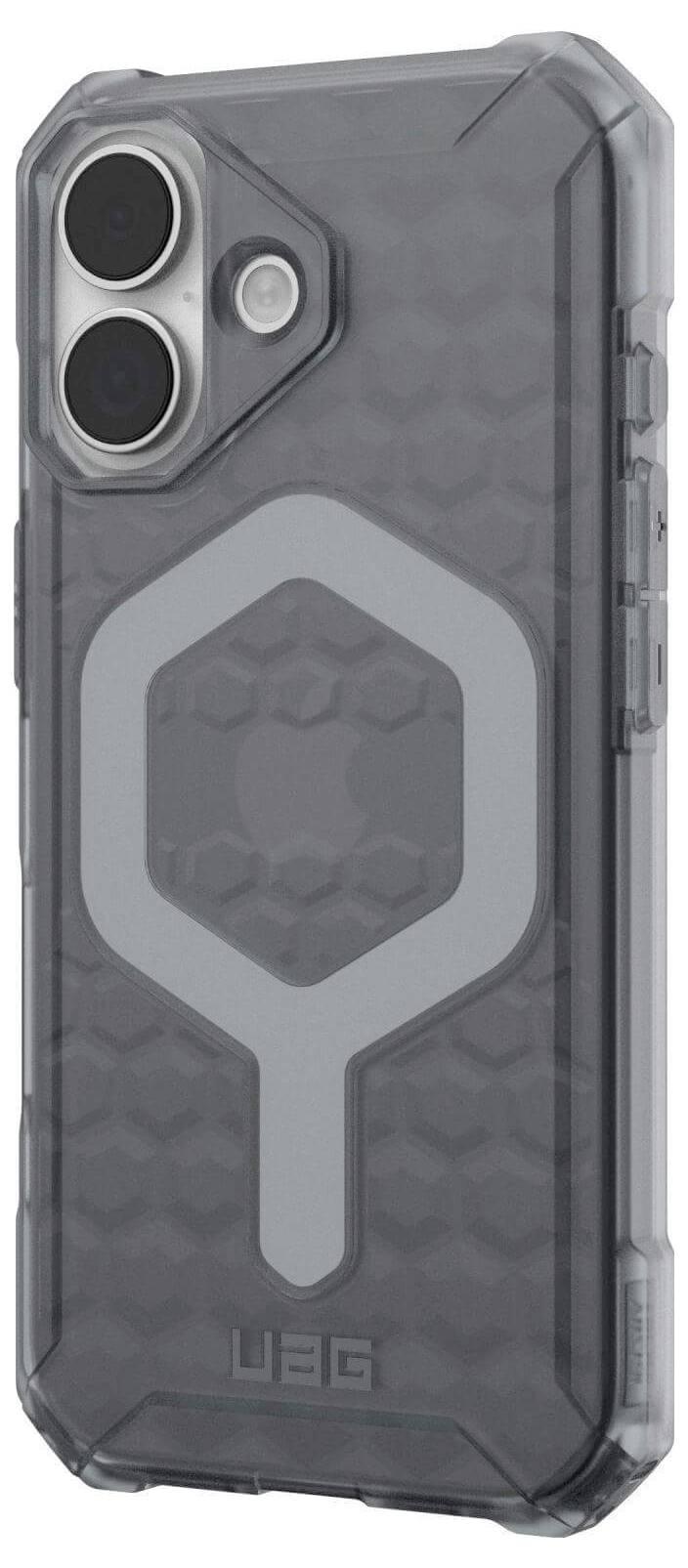 Wytrzymały, przezroczysty futerał na telefon z heksagonalnym wzorem i metalowymi okrągłymi akcentami, zapewniający zwiększoną trwałość i ochronę.