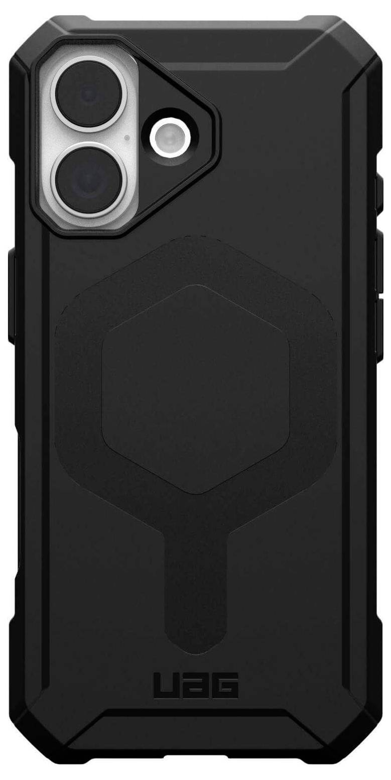 Wytrzymały czarny pokrowiec na smartfona z geometrycznym wzorem, wzmocnionymi krawędziami i podwójnym wycięciem na aparat. Odpowiedni dla zwiększonej ochrony urządzenia.