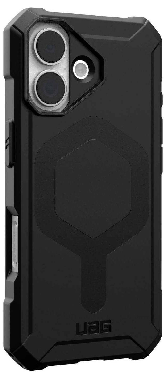 Czarny futerał na smartfona z podwójnymi wycięciami na obiektywy aparatu i wzmocnioną konstrukcją, z heksagonalnym wzorem i literami 'UAG' na dole.