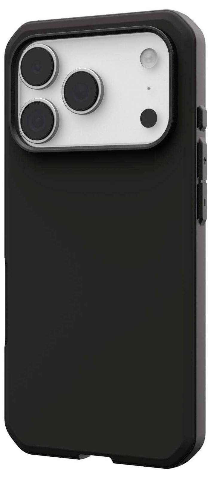 Czarny futerał na smartfona z dużym, kwadratowym modułem kamery wyposażonym w trzy obiektywy i wycięcie na lampę błyskową, przeznaczony do ochrony urządzenia.