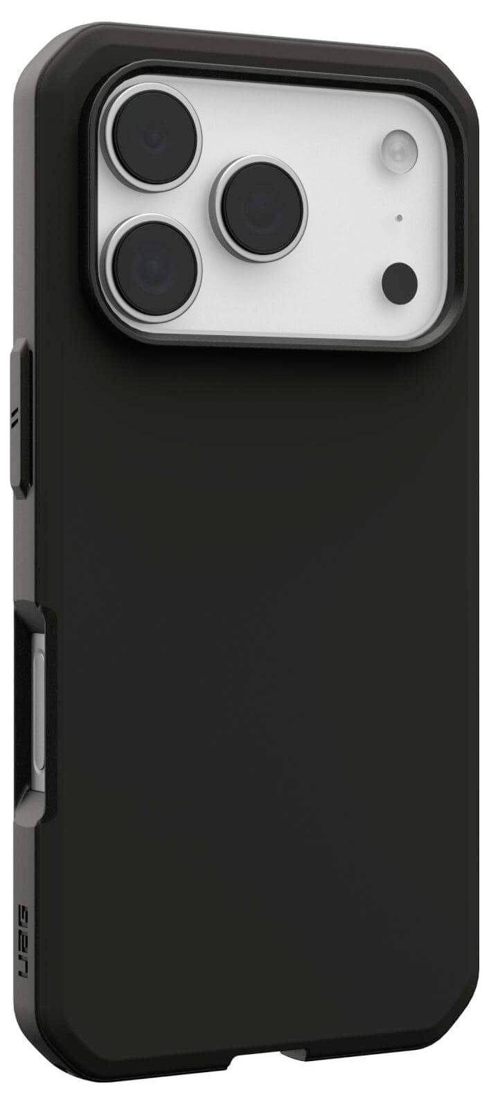 Czarny pokrowiec na smartfona zaprojektowany dla telefonu z trzema obiektywami aparatu i jedną lampą błyskową. Etui charakteryzuje się wytrzymałą, ochronną budową.