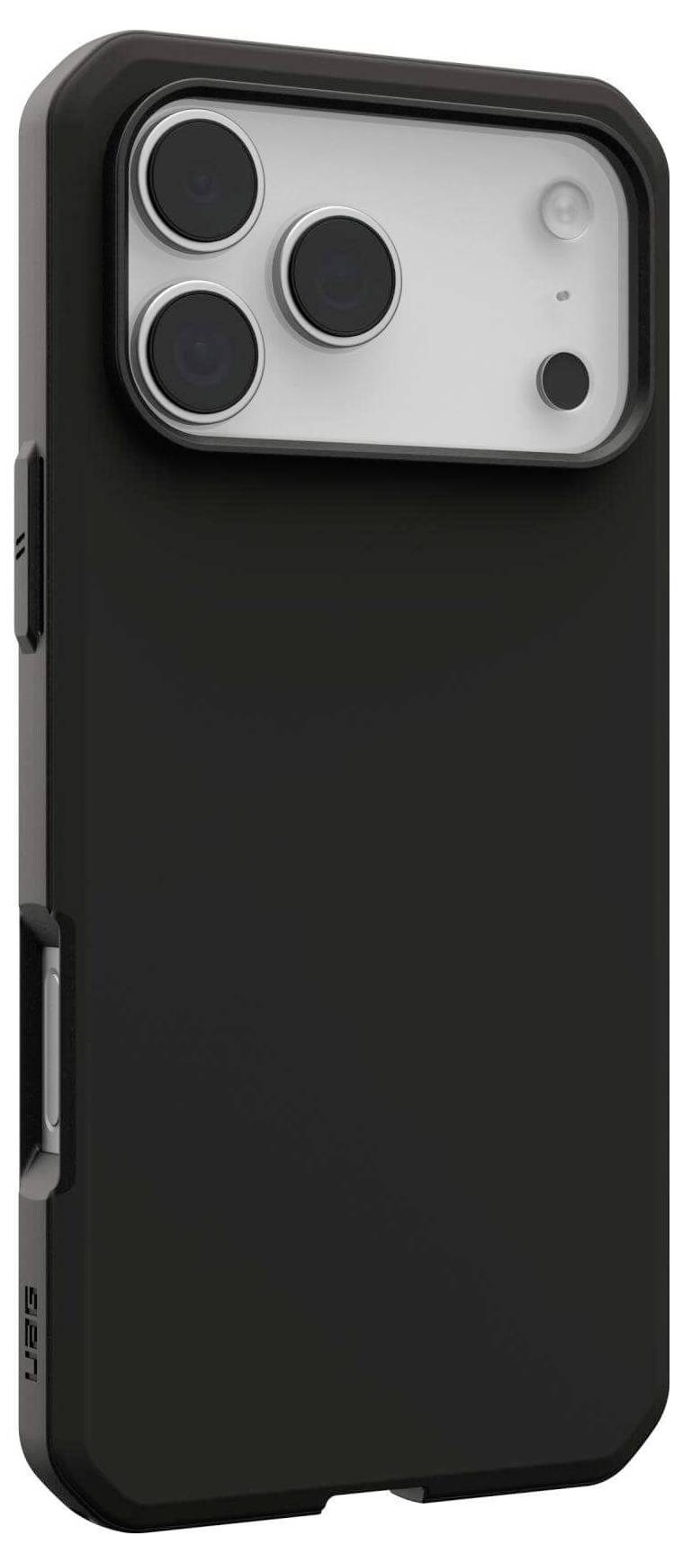 Czarny futerał na smartfona z wycięciem na trzy tylne aparaty i lampę błyskową, zaprojektowany do dopasowania do nowoczesnego telefonu z wieloma kamerami.