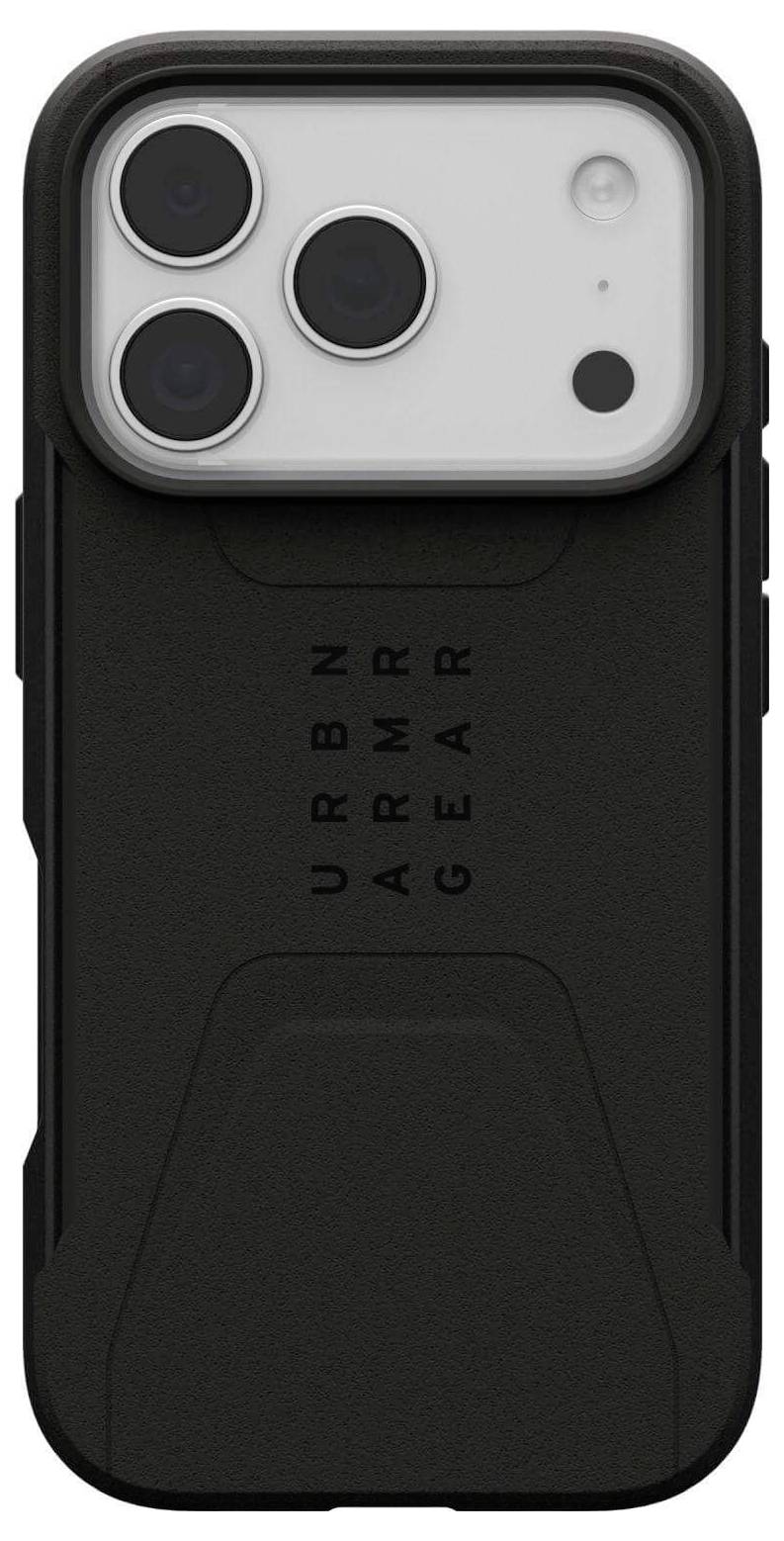 Czarny ochronny pokrowiec na smartfona, z napisem 'URBN ARMR GEAR' z tyłu, zaprojektowany do ochrony przed uderzeniami.