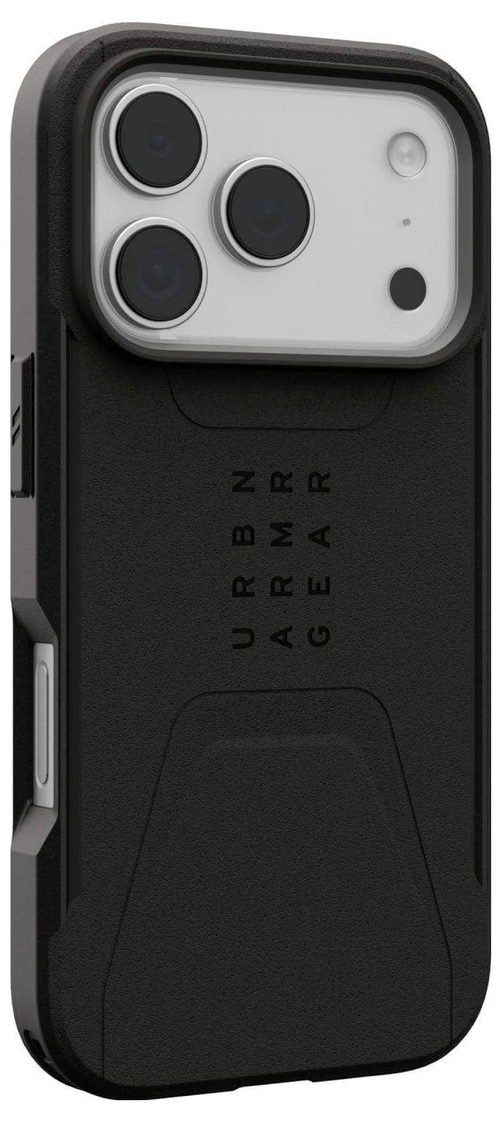 Czarno-szary, wytrzymały futerał na telefon z trzema okrągłymi wycięciami na obiektywy, oznaczony napisem 'URBN ARMR GEAR.'