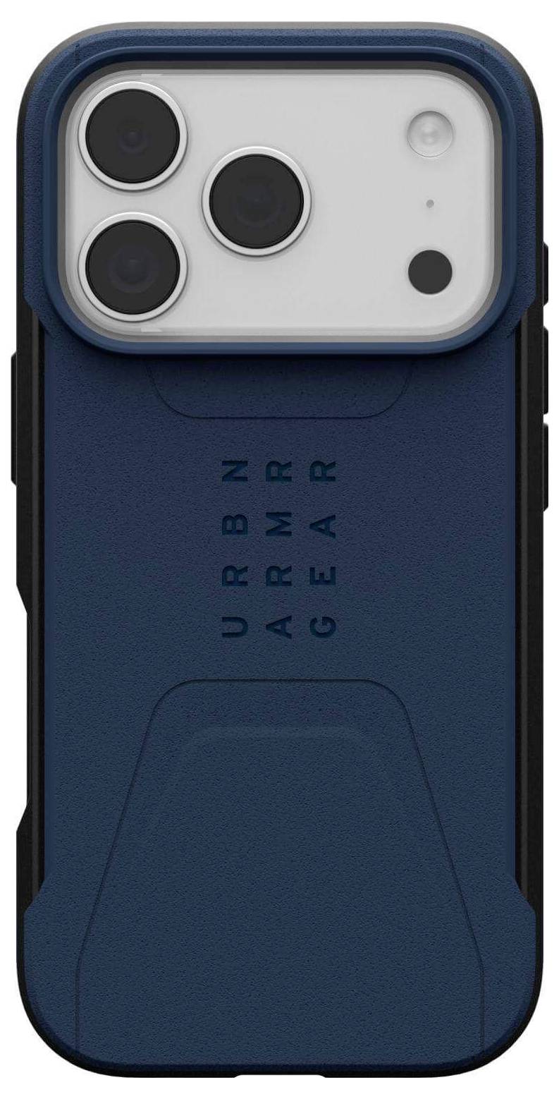 Wytrzymały futerał na smartfona z niebieskim tyłem, z napisem 'URBN ARMR GEAR', zaprojektowany do ochrony telefonu z trzema tylnymi obiektywami aparatu.