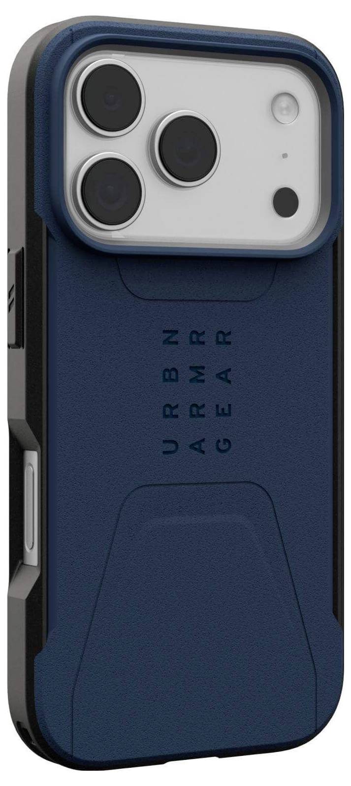 Niebieskie etui na telefon URBN ARMR o wytrzymałej konstrukcji, wyposażone w trzy wycięcia na obiektywy aparatu, wysunięty ochraniacz obiektywu oraz dostęp do przycisków bocznych.