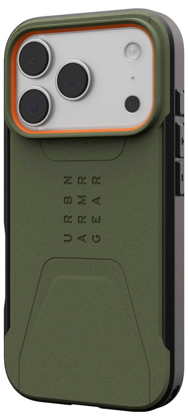 Wytrzymały, zielony pokrowiec na smartfona z czarnymi krawędziami, wyposażony w trzy duże obiektywy kamery, z pionowym napisem 'URBN ARMOR GEAR'.