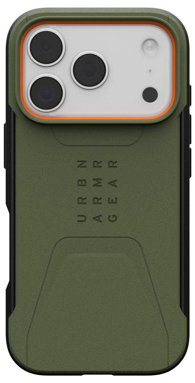 Wytrzymały futerał na telefon z tekstem 'URBN ARMR GEAR', z dużym wycięciem na aparat i pomarańczową obramówką wokół tylnego obiektywu.