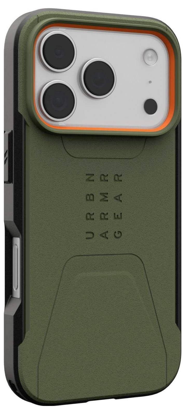 Wytrzymały zielony pokrowiec na telefon z wzmocnionymi narożnikami i trzema wycięciami na obiektywy aparatu, wytłoczonym tekstem 'URBAN ARMOR GEAR' na białym tle.