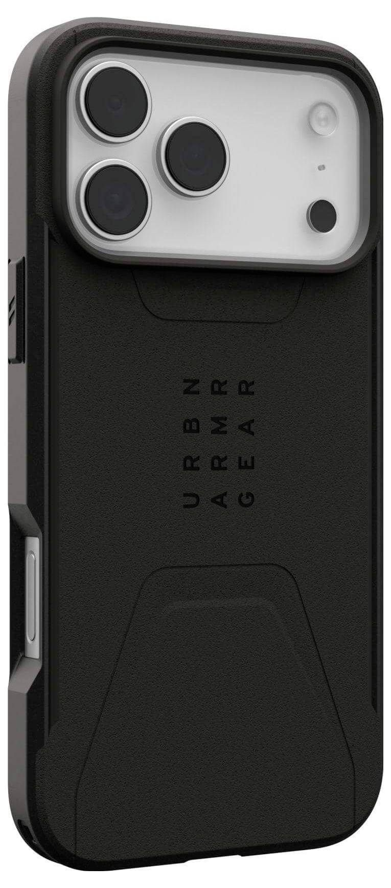 Czarny futerał na smartfona z grawerem 'URBN ARMR GEAR' na tylnej stronie, wyposażony w precyzyjnie wycięte otwory na obiektywy aparatu i przyciski.
