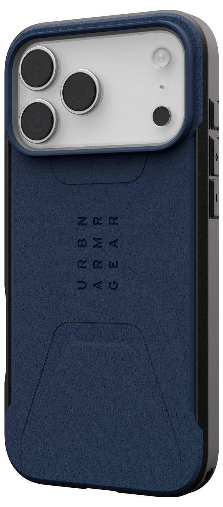 Granatowe etui na telefon o wytrzymałej konstrukcji, z trzema wycięciami na aparaty i wgłębionym napisem marki 'URBN ARMR GEAR' na tylnej stronie.