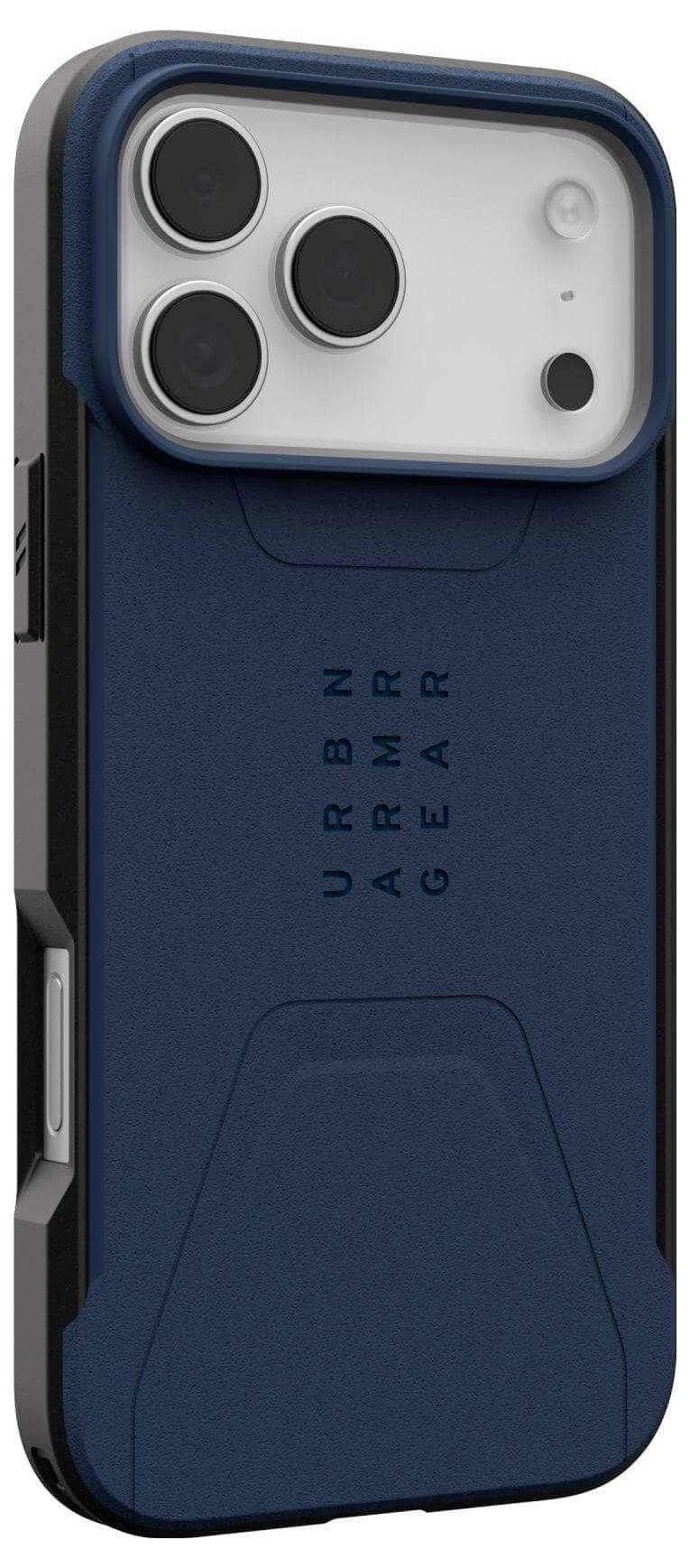 Ciemnogranatowy i czarny futerał na telefon z wycięciem na aparat, z napisem 'URBN ARMR GEAR' z tyłu. Trzy otwory na obiektywy aparatu.