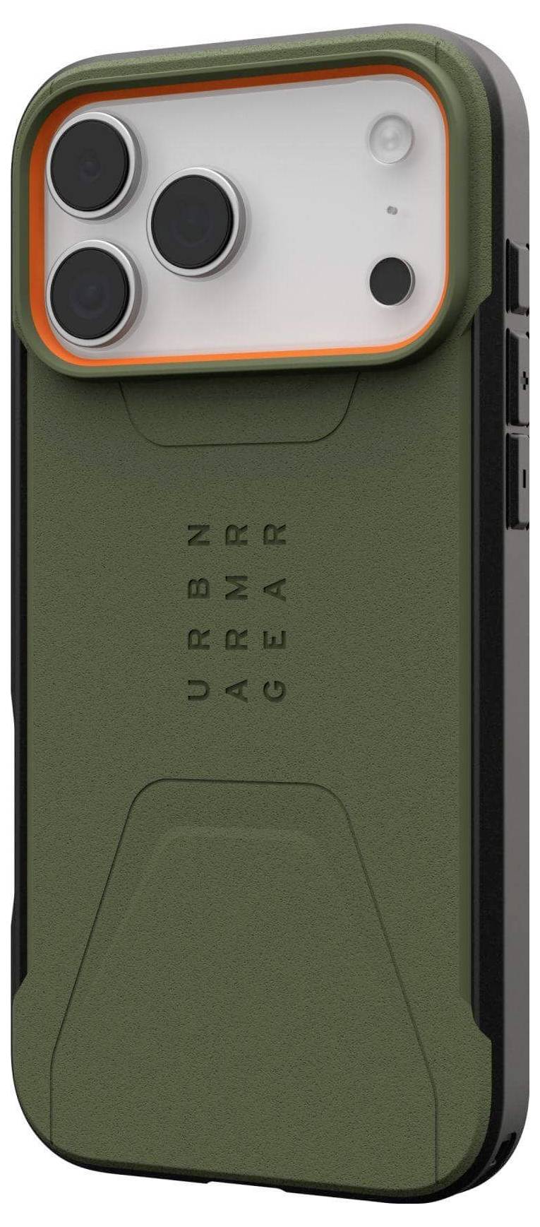 Wytrzymały zielony pokrowiec na telefon z trzema dużymi wycięciami na obiektywy aparatu i napisem 'URBN ARMR GEAR' wytłoczonym na tylnej stronie.