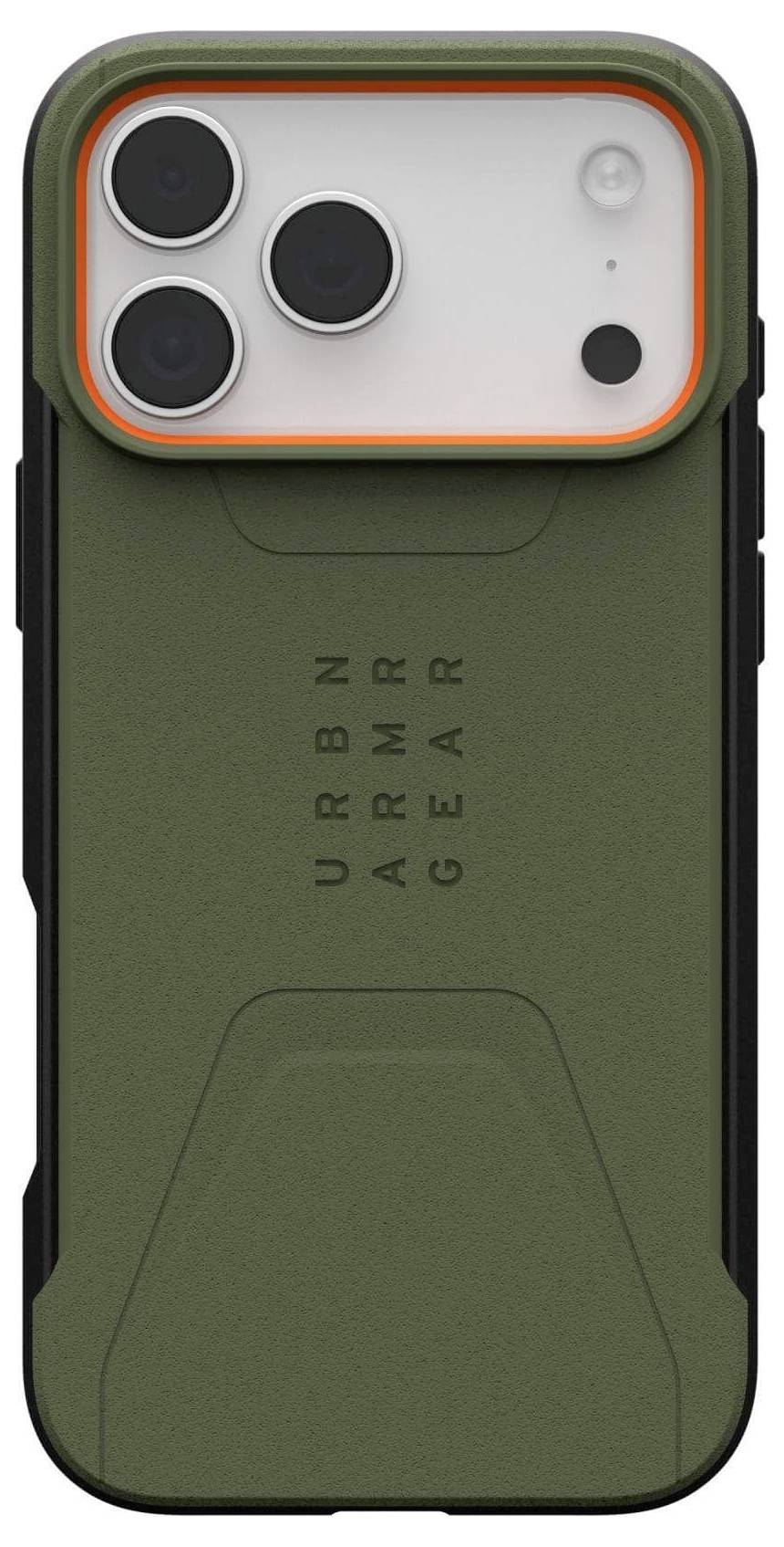 Zielono-czarny, wytrzymały futerał na smartfona z trzema wycięciami na obiektywy aparatu i napisem 'URBN ARMR GEAR' na tylnej stronie.