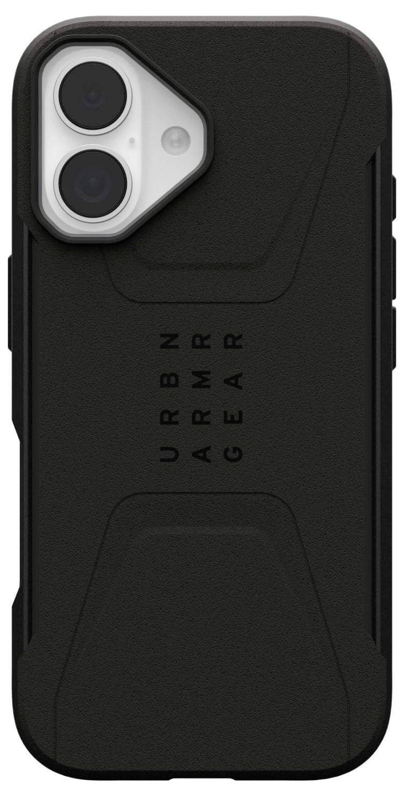 Wytrzymały czarny futerał na telefon z teksturowanym uchwytem, z nazwą marki 'URBN ARMR GEAR' pośrodku i podwójnym wycięciem na aparat.