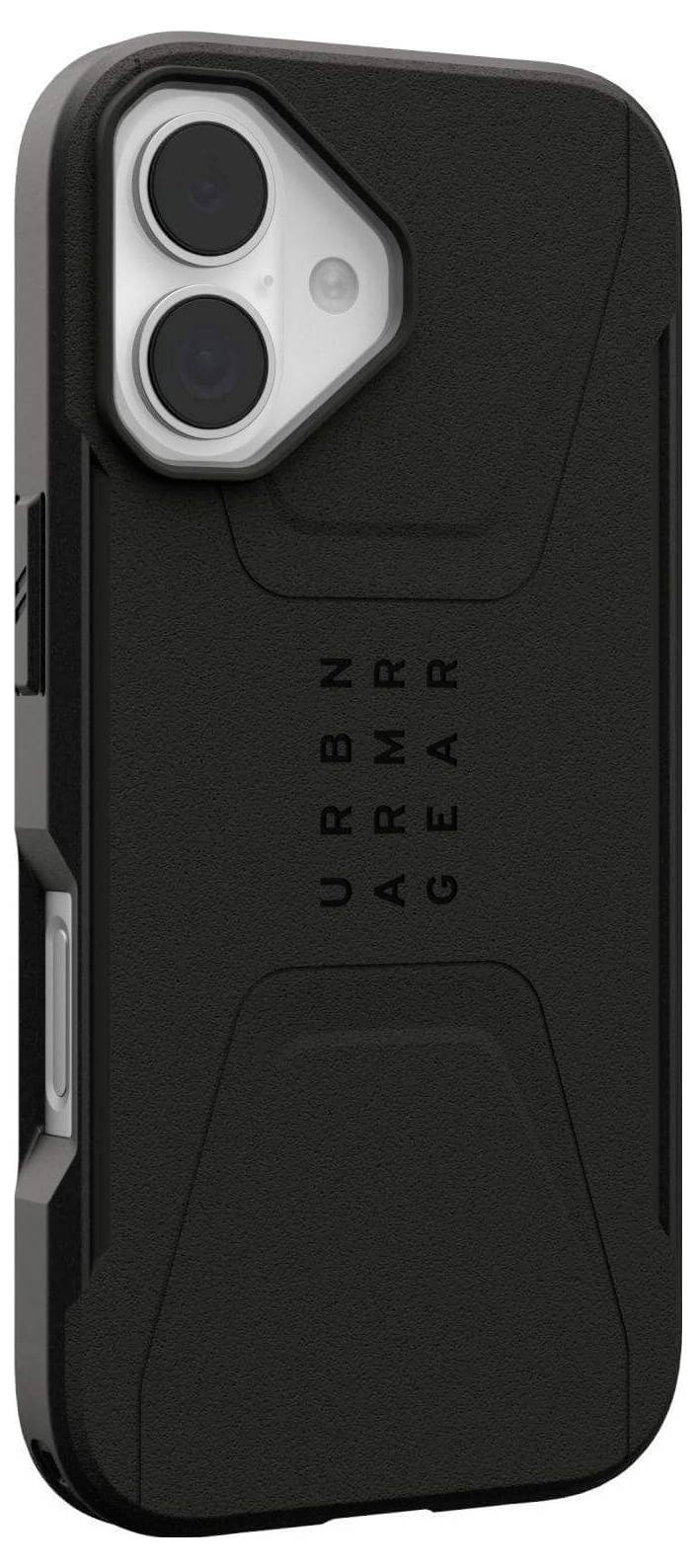 Czarny futerał na iPhone'a z wycięciem na podwójny aparat i napisem "URBN ARMR GEAR" ułożonym pionowo na tylnej stronie.