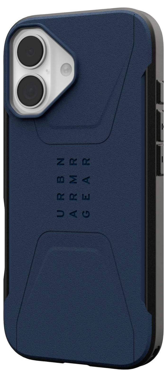 Wytrzymały, niebieski futerał na telefon marki Urban Armor Gear, zaprojektowany z myślą o ochronie, z wzmocnionymi narożnikami i teksturowanym uchwytem, sfotografowany od tyłu.