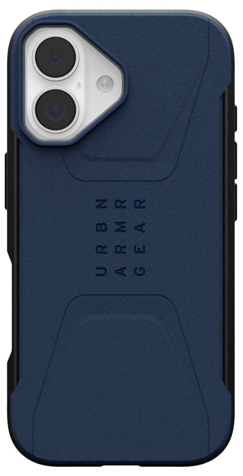 Ochronny futerał na telefon z niebieskim tyłem i czarnymi krawędziami, z dwoma wycięciami na aparaty w lewym górnym rogu, oznaczony marką 'URBN ARMR GEAR'.