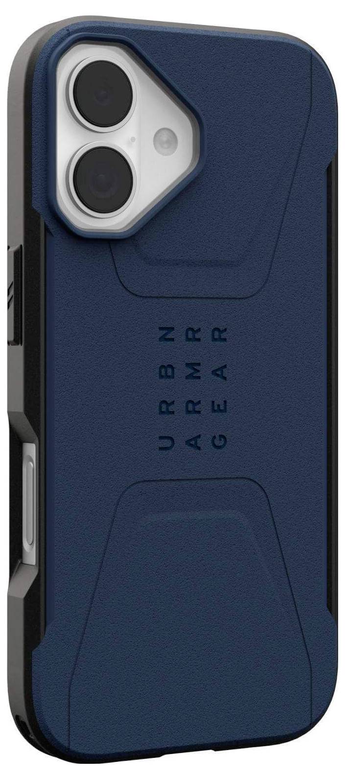 Niebieskie etui na smartfona z dwoma dużymi wycięciami na obiektywy aparatu, z tekstem 'URBN ARMR GEAR' umieszczonym pionowo w centrum.