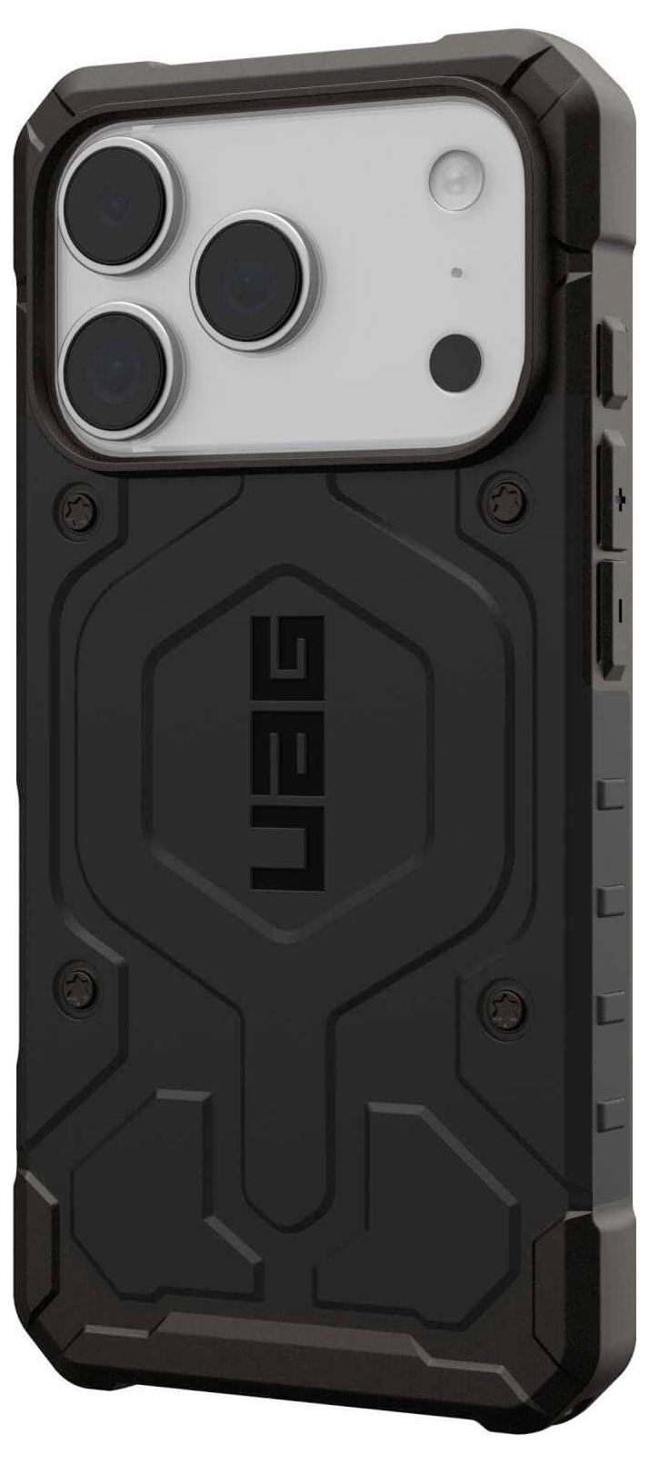 Wytrzymały, czarny futerał na smartfona z teksturowanym wzorem, wyraźną ochroną narożników i logo 'UAG', prezentowany od strony tylnej.