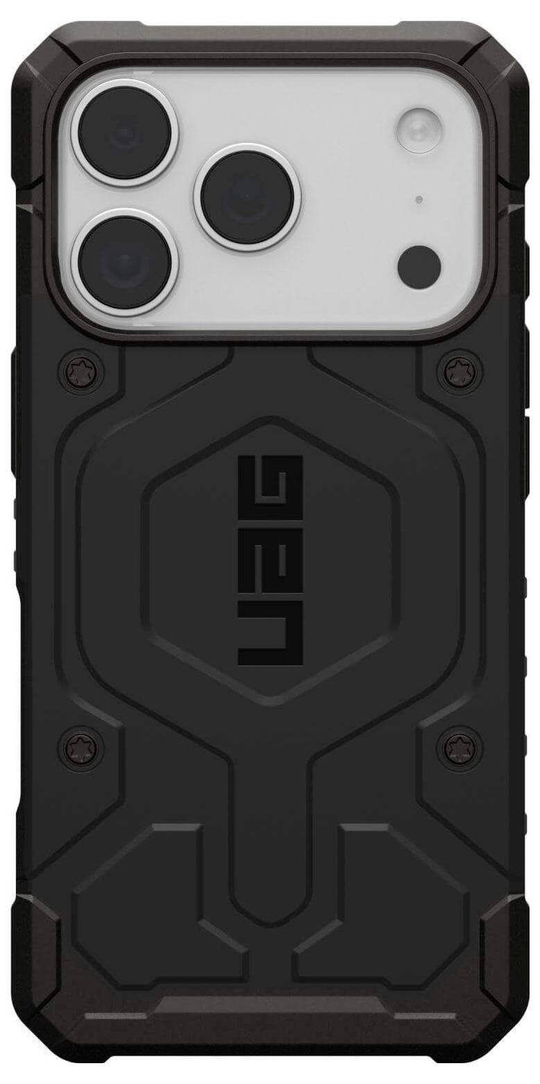 Wytrzymały, czarny pokrowiec na smartfona z dużymi wycięciami na obiektywy aparatu, zaprojektowany z myślą o trwałości i ochronie.