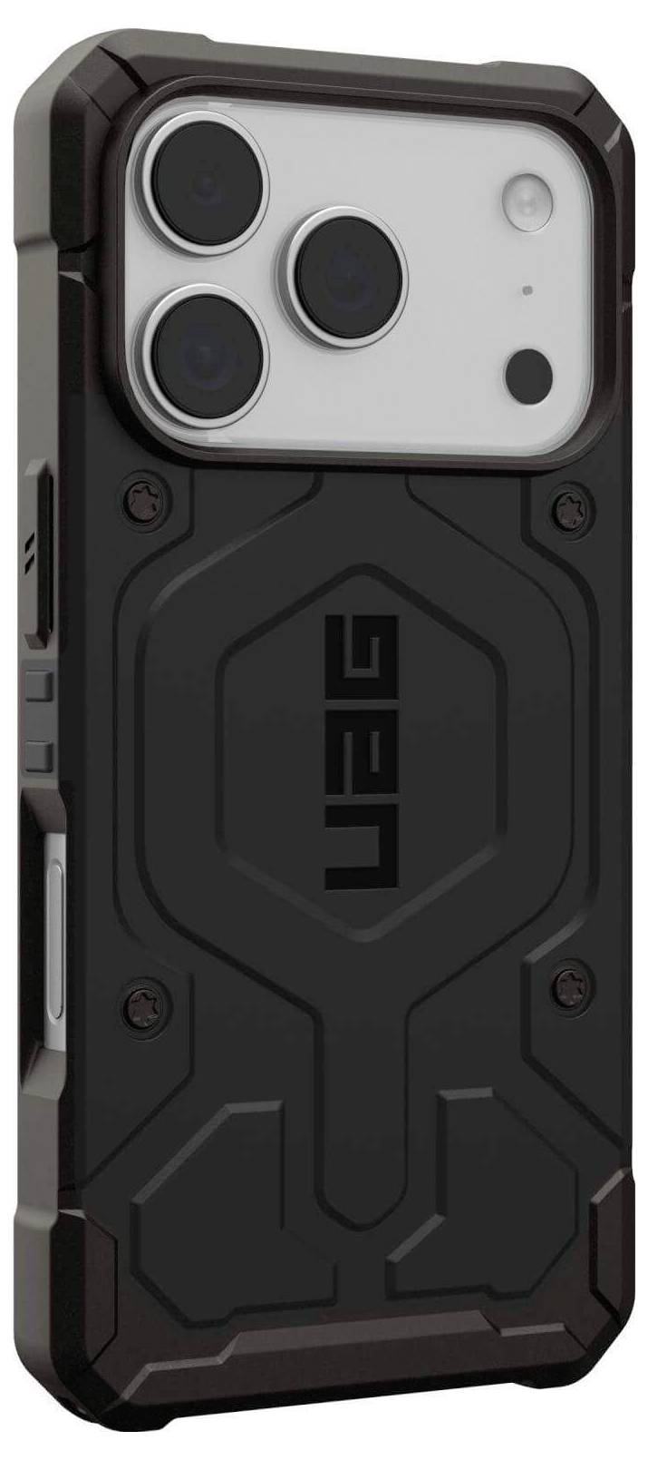 Czarny przemysłowy futerał na telefon o surowej stylistyce z ochronnymi wzorami heksagonalnymi i dużymi wycięciami na aparat z tyłu.