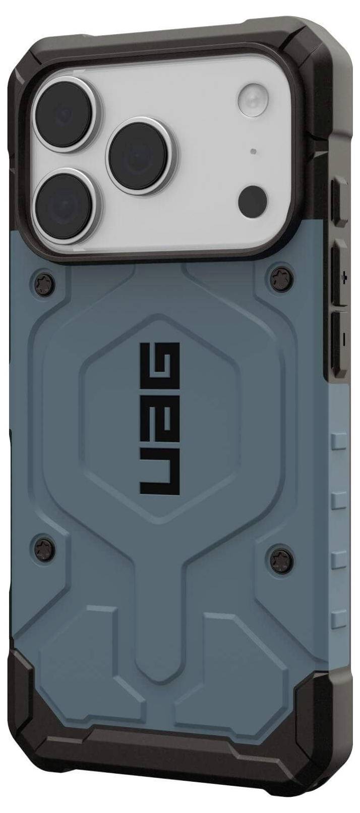 Telefon w wytrzymałym, niebieskim etui ochronnym UAG, z naciskiem na obiektywy aparatu i solidne narożniki.