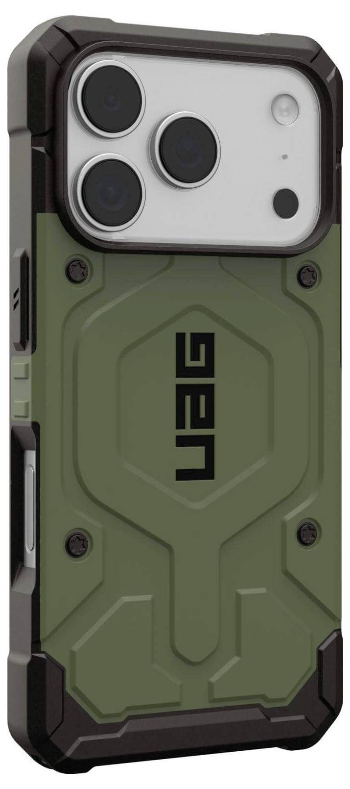 Wytrzymały, oliwkowozielony pokrowiec na telefon o solidnej konstrukcji, z trzema dużymi otworami na aparaty i logo 'UAG' z tyłu.