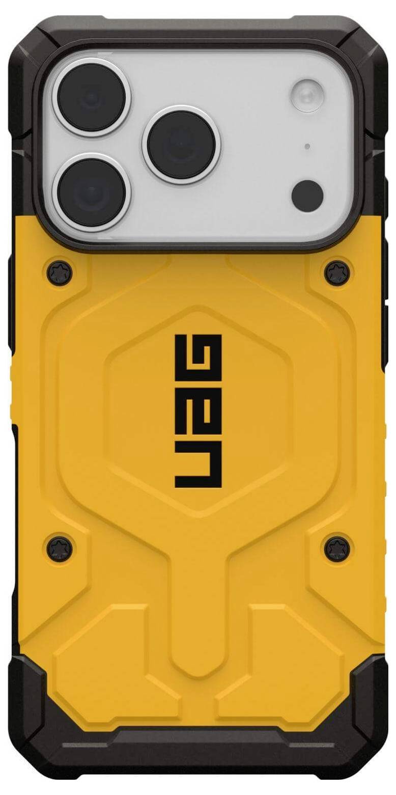 Wytrzymały, żółty pokrowiec na telefon z czarnymi krawędziami z napisem 'UAG' z tyłu, zapewniający ochronę smartfonowi z trzema obiektywami aparatu.