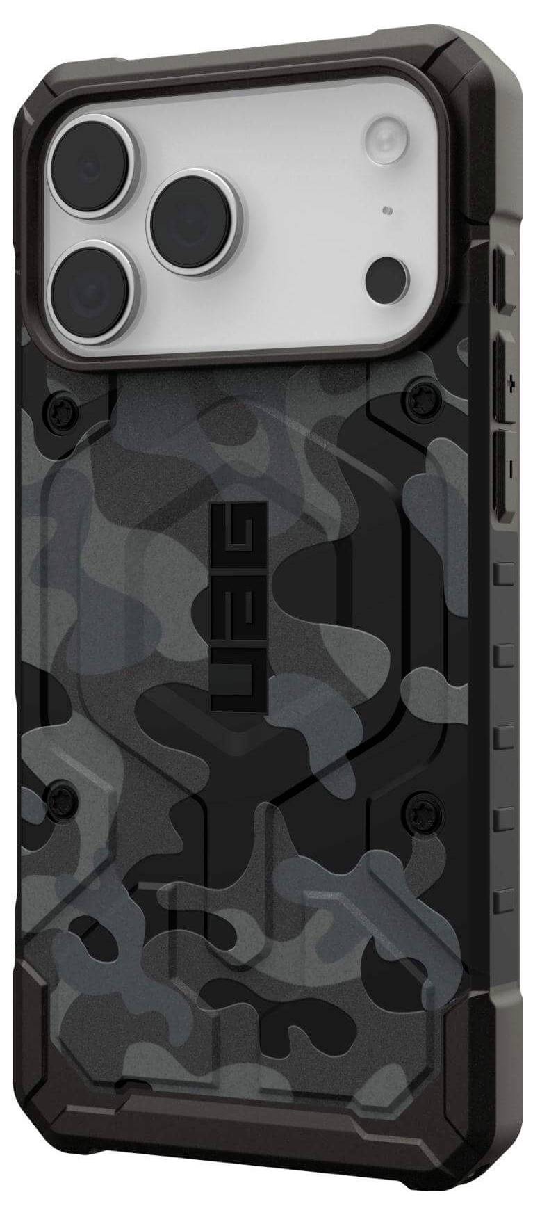 Wytrzymały futerał na telefon w czarno-szarym kolorze maskującym, charakteryzujący się solidną budową, z wzmocnionymi narożnikami oraz wyciętymi otworami na aparat i przyciski.