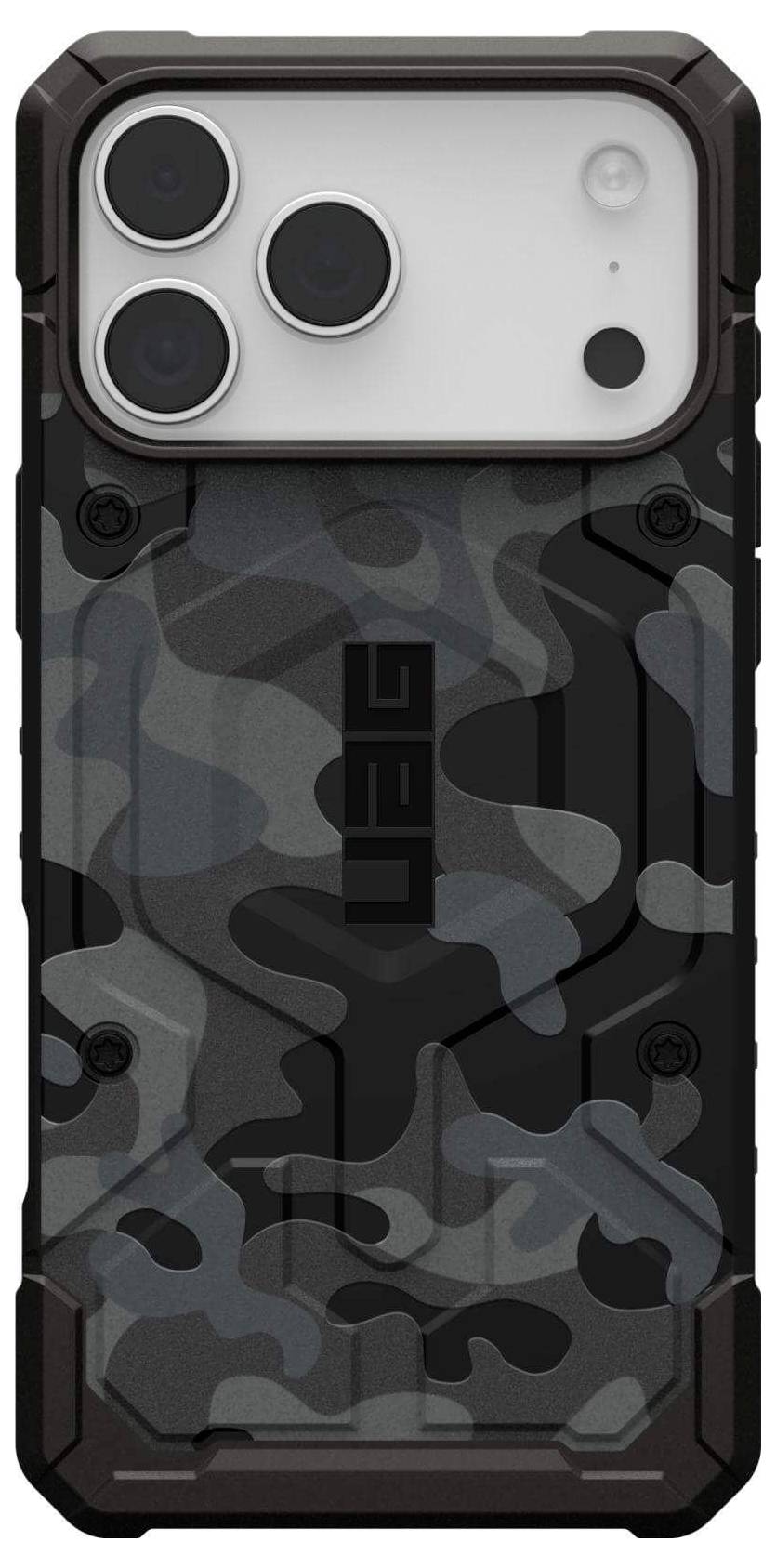 Wytrzymały, maskujący pokrowiec na telefon o solidnej konstrukcji, z ciemnoszaro-czarnym wzorem, odpowiedni do ochrony smartfona.
