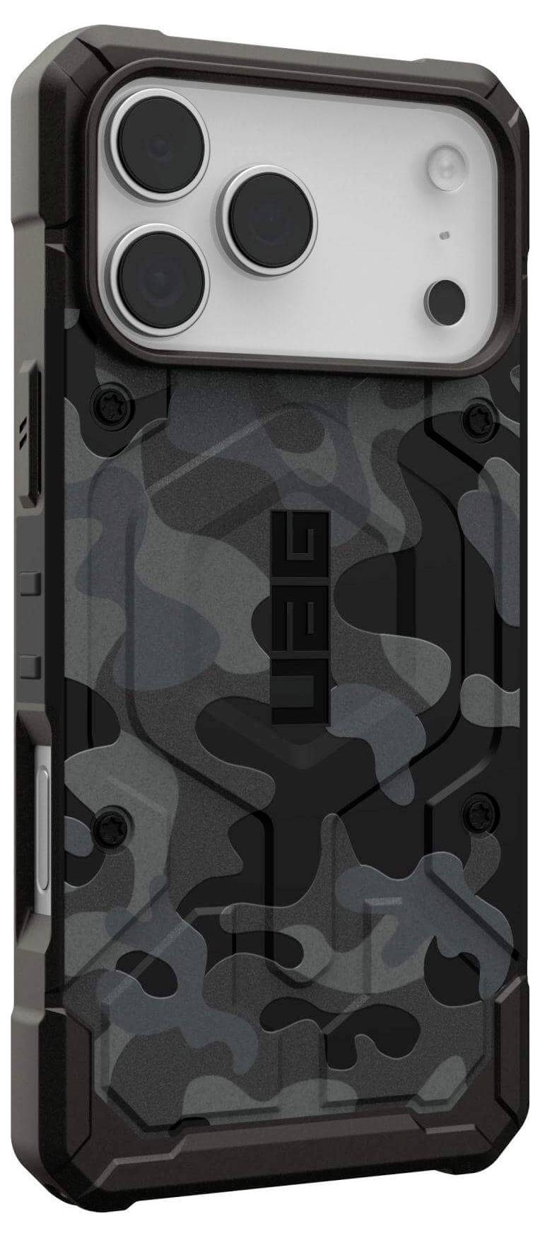 Wytrzymały pokrowiec na telefon z czarno-szarym wzorem maskującym, wyposażony w wzmocnione rogi i trzy wyraźne otwory na obiektywy.