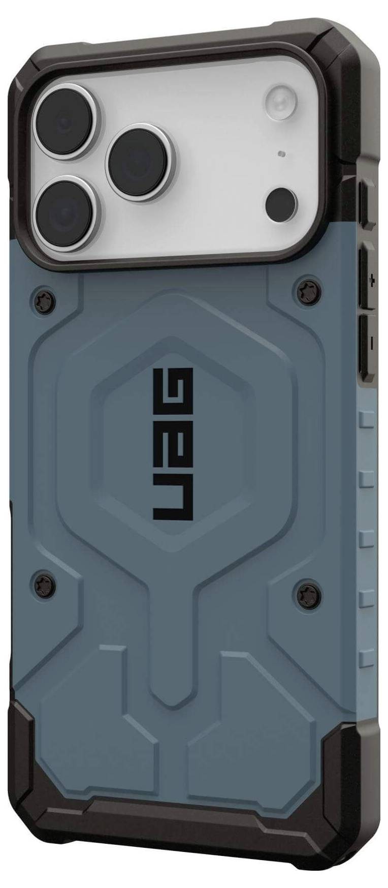 Wytrzymały, niebieski futerał na telefon od UAG o ochronnej konstrukcji z wzmocnionymi narożnikami, zaprojektowany dla smartfona z podwójnym aparatem.