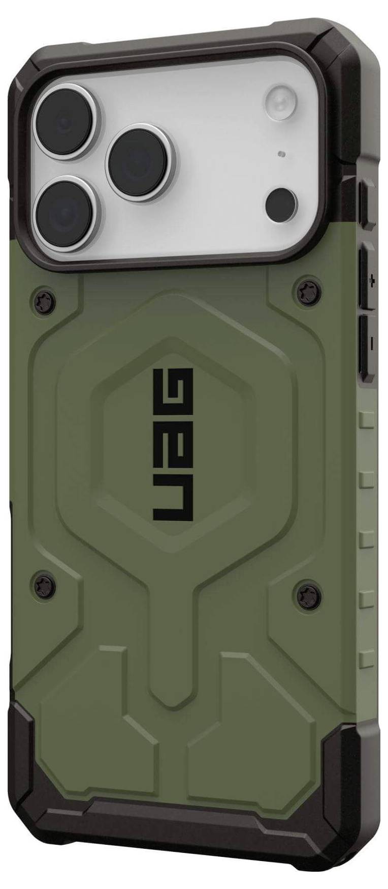 Wytrzymały pokrowiec na telefon w kolorach zieleni i czerni z geometrycznym wzorem i dużym wycięciem na aparat, z logo 'UAG' na tylnej stronie.