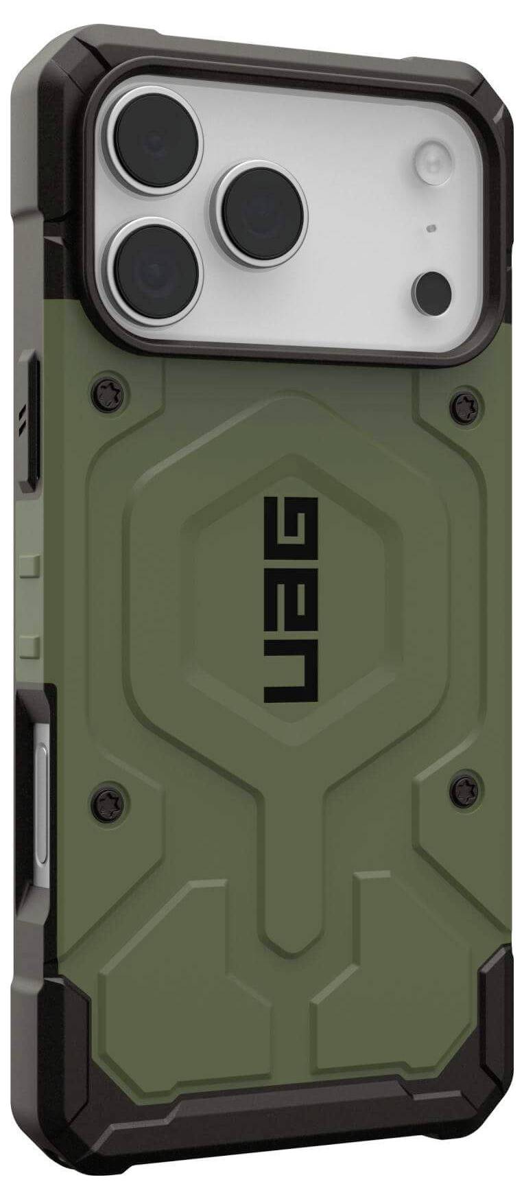 Wytrzymały futerał na telefon w kolorach zieleni i czerni o przemysłowym designie, z wypukłym wzorem heksagonalnym i wyraźnym wycięciem na aparat.