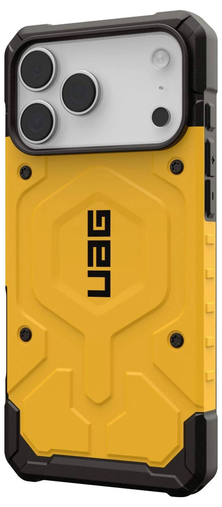 Wytrzymały żółty pokrowiec na smartfona z czarnymi akcentami, wyposażony w wyraziste logo UAG, zaprojektowany z myślą o trwałości i ochronie.