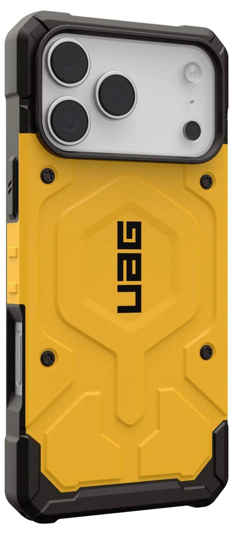 Wytrzymały żółty pokrowiec na telefon z fakturowaną powierzchnią i wzmocnionymi czarnymi krawędziami, z logo UAG, zaprojektowany z myślą o ochronie.