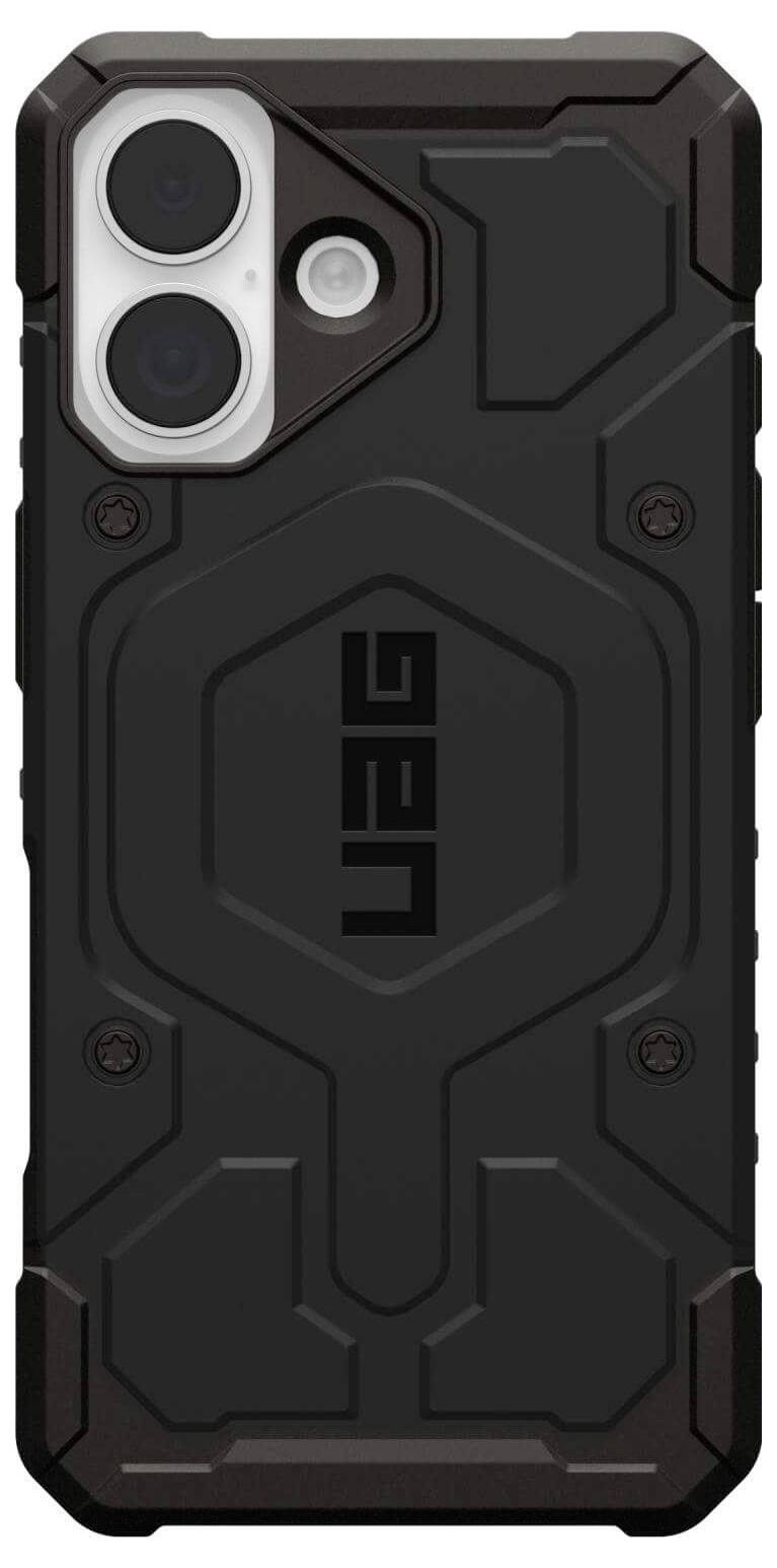 Wytrzymały czarny pokrowiec na smartfona z sześciokątnymi i kanciastymi detalami, z dużymi wycięciami na podwójny aparat i lampę błyskową.